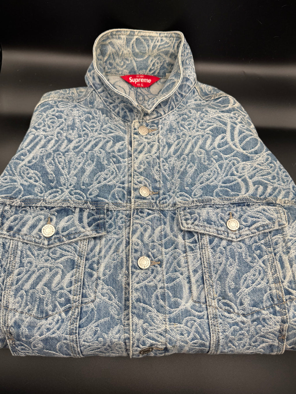 Supreme Script Jacquard Denim Trucker Jacket