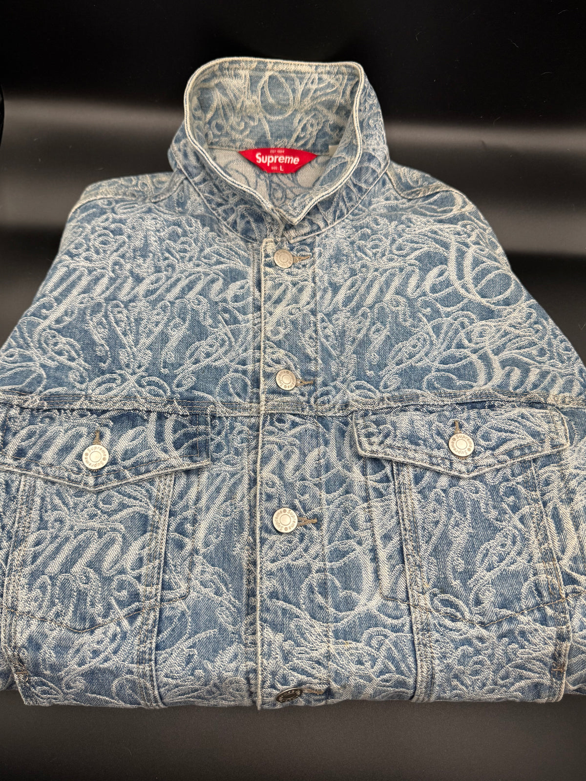 Supreme Script Jacquard Denim Trucker Jacket